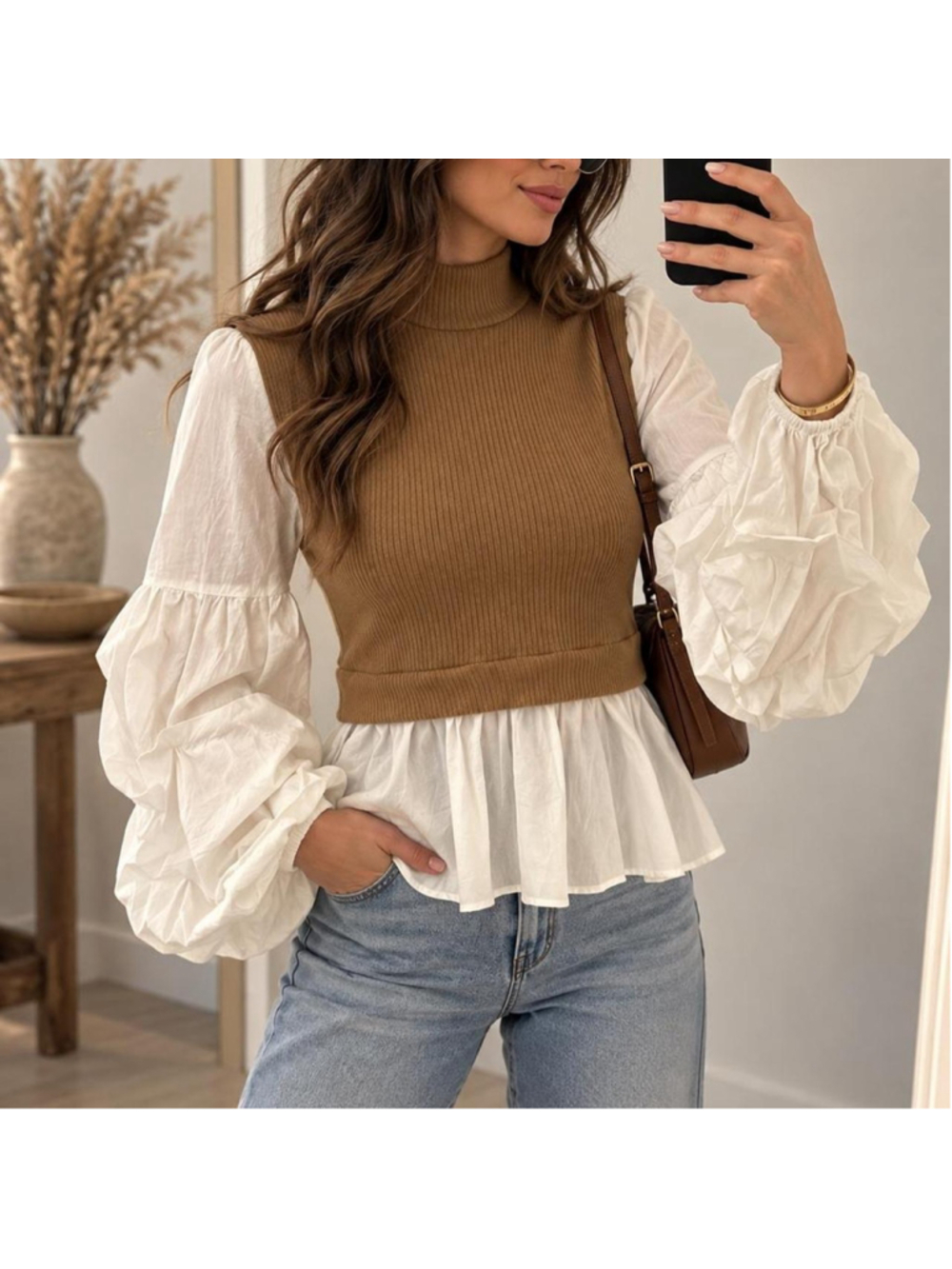 Anthropologie brown ribbed knit turtleneck top with dramatic white ruffled puff